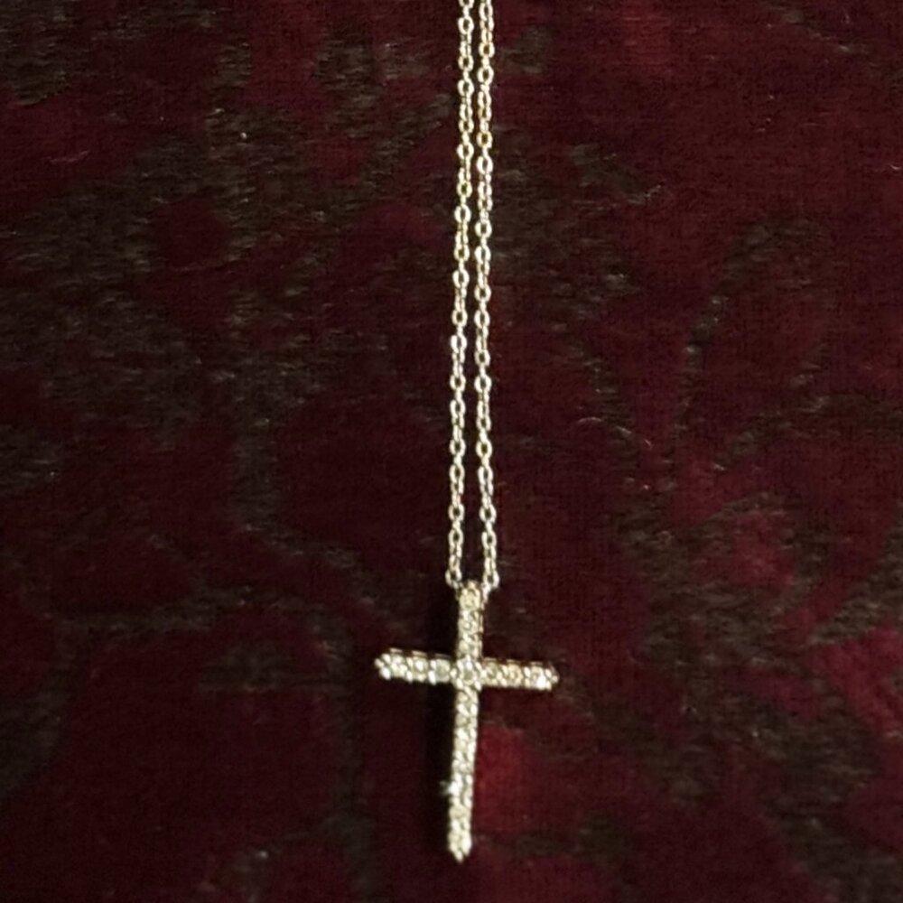 1/5 CT Diamond Cross Pendant set in 14 Yellow Gold on Sterling Silver Necklace